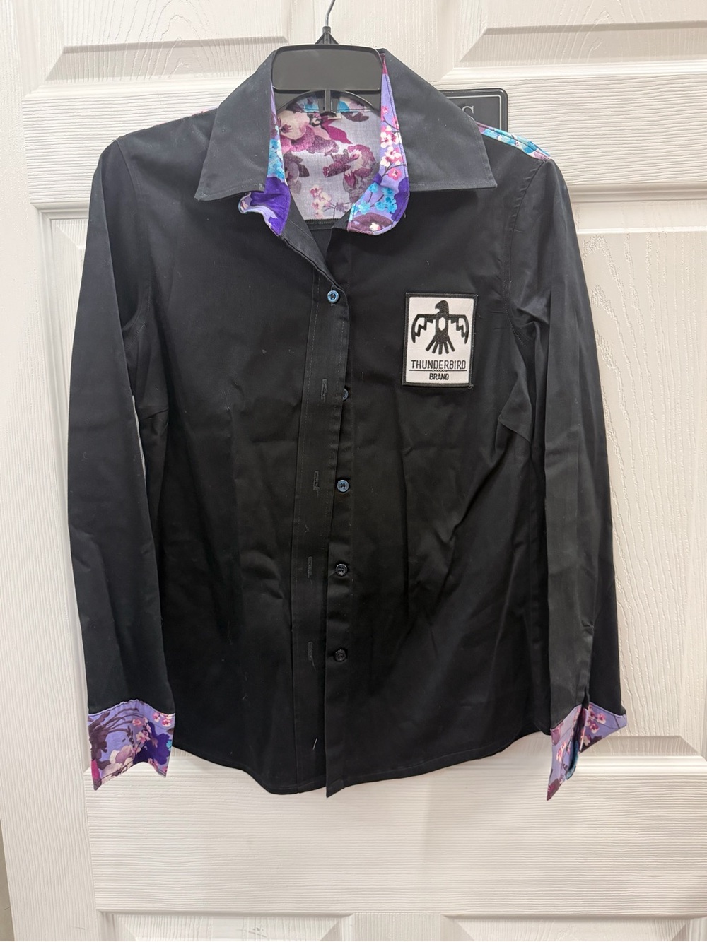 Thunderbird Brand Black Button-Down Shirt with Purple Floral Trim